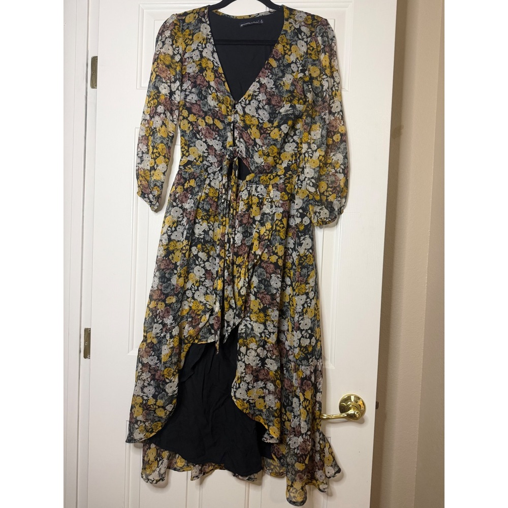 Abercrombie & Fitch Floral Maxi Dress Long Sleeve Cutout High Low Yellow Small